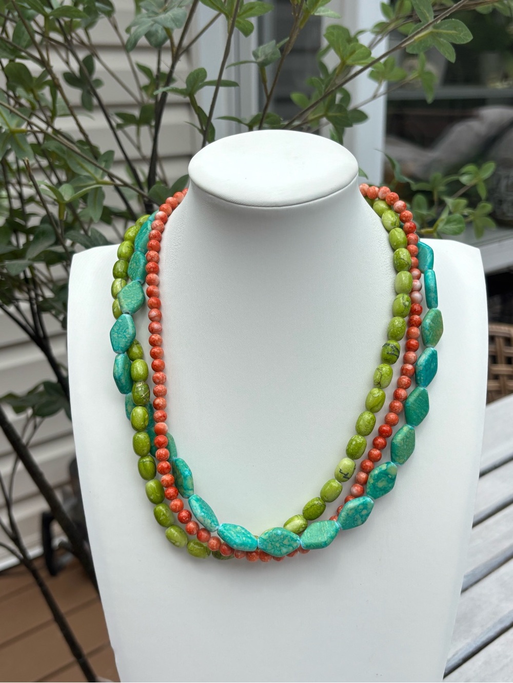 Multi-Strand Turquoise Teal, Olive Green & Coral Bead Necklace